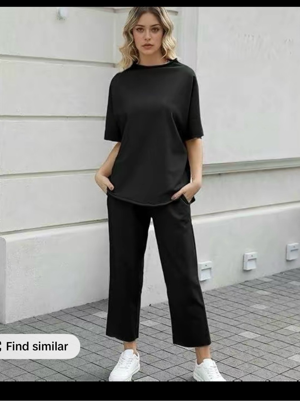 ANRABESS Black Short-Sleeve Top & Cropped Wide-Leg Pants Set